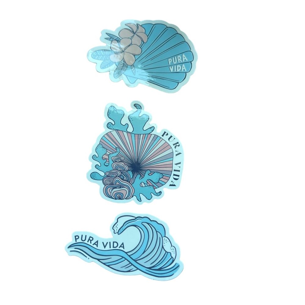 Pura Vida Surf & Sea Themed Sticker Set Pack of 3 Pink Blue approx 3"